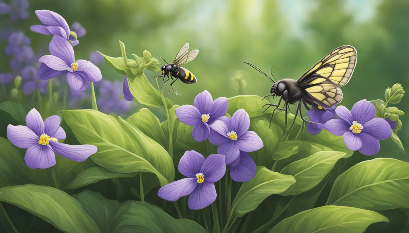 A prairie violet being foraged by a small pollinator insect in a lush, green habitat