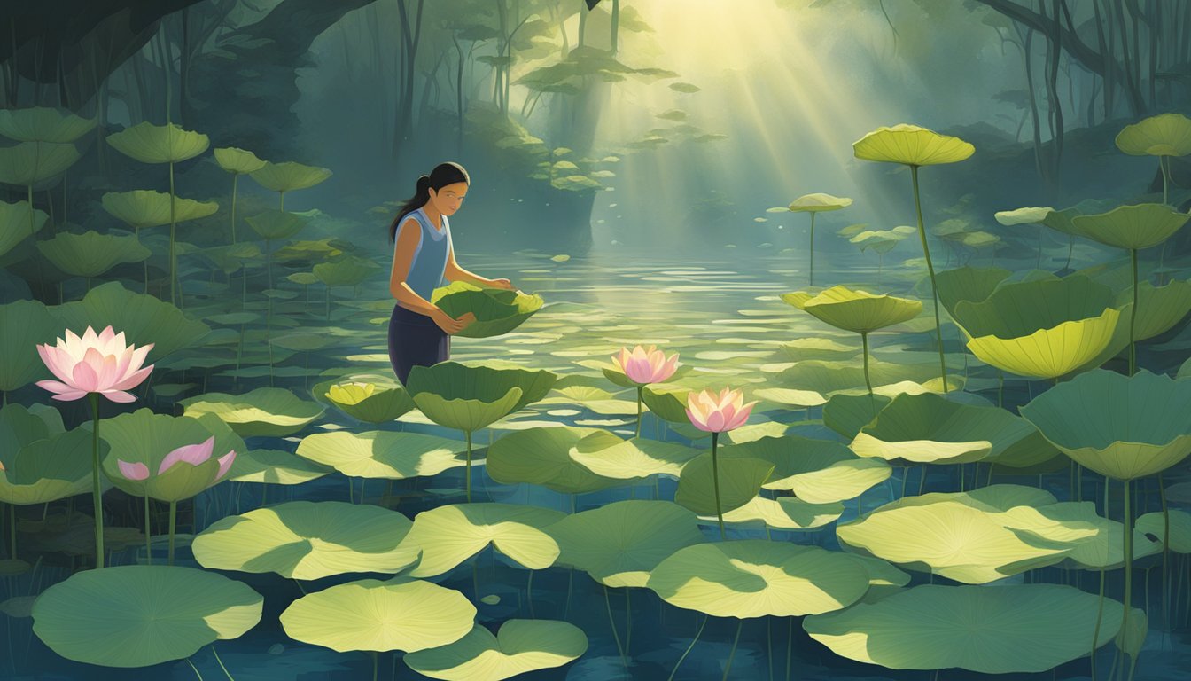 Sunlight filters through the water's surface, illuminating the murky depths where lotus plants grow. A figure reaches out to carefully pluck ripe lotus pods from the water