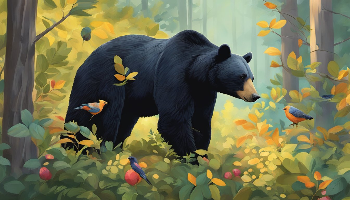 A black bear sniffs and forages for ripe huckleberries in a dense forest, while birds flutter around, feasting on the sweet fruit