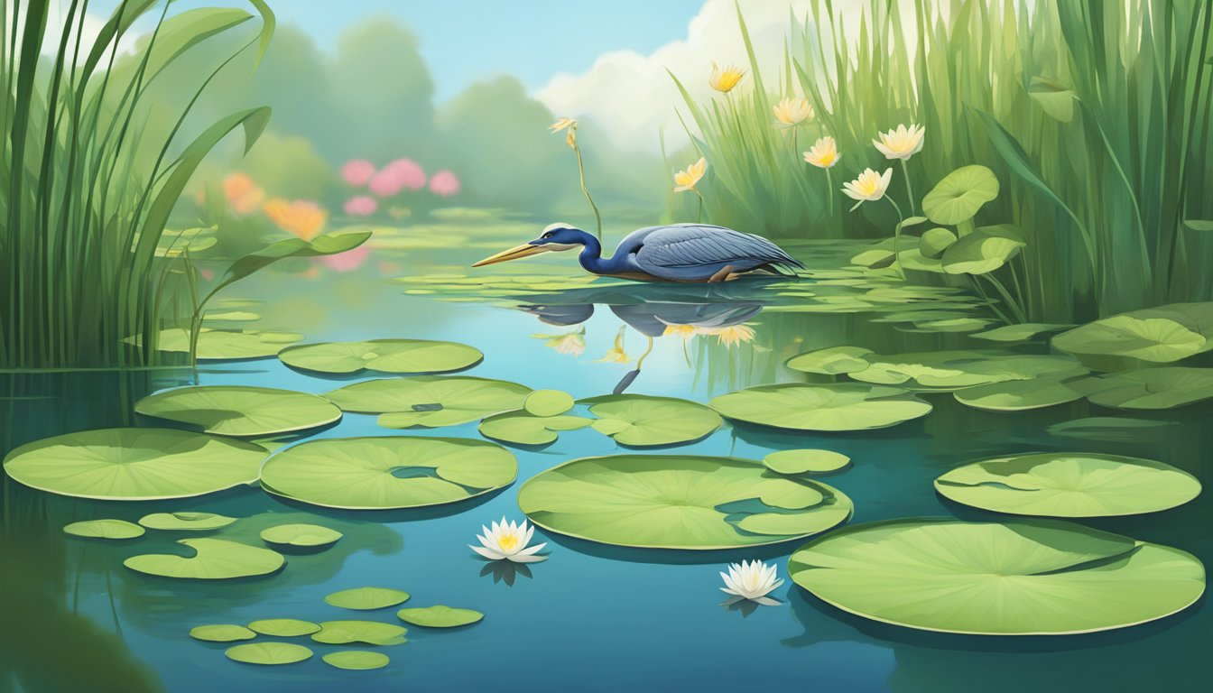 A tranquil pond with lush green lily pads and blooming lotus flowers. A frog perches on a pod, while a heron watches from the reeds