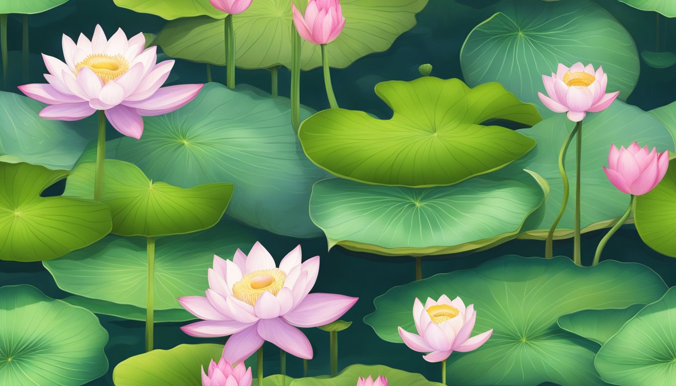 A serene pond with lotus plants, their pods ready for harvest, surrounded by lush green foliage and delicate flowers