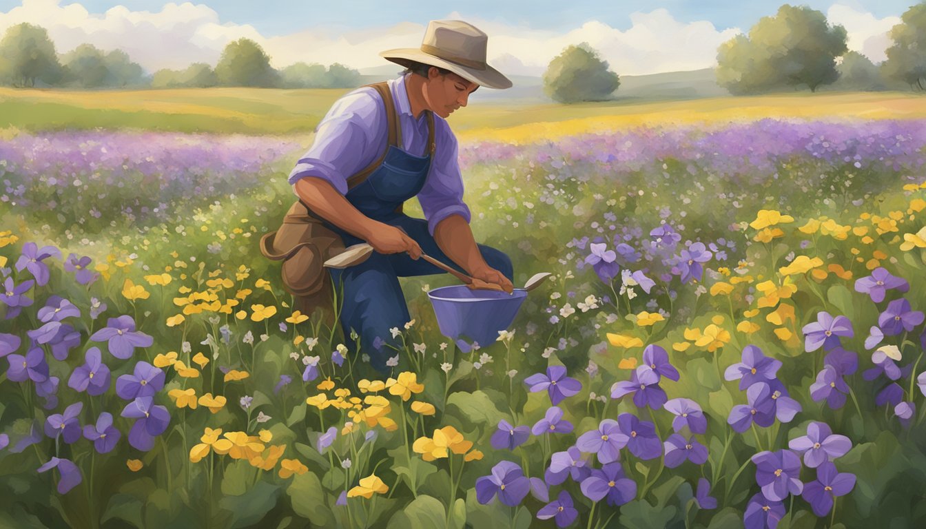 A prairie violet being carefully harvested with a small knife amid a field of wildflowers