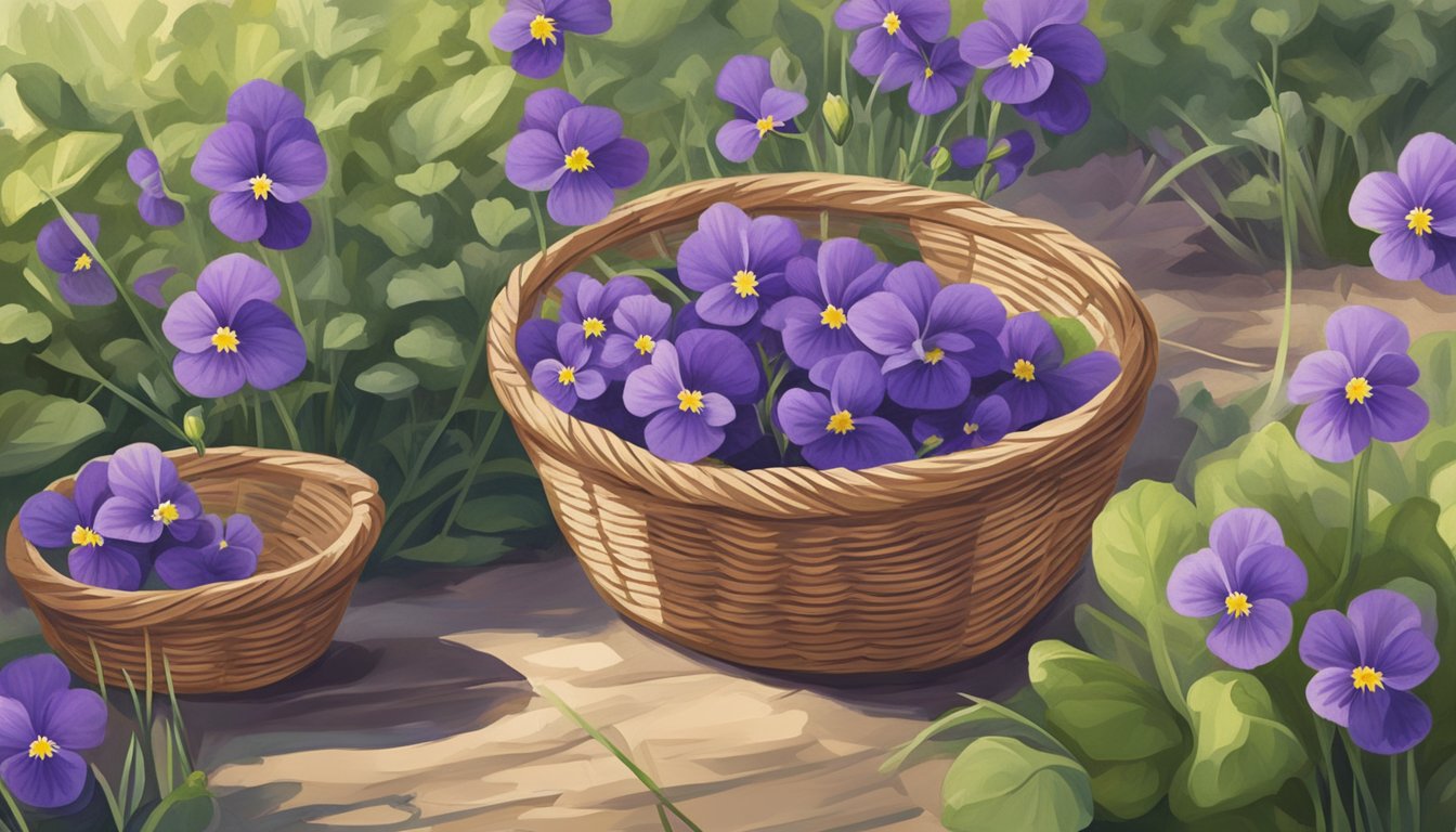 A hand gathers delicate prairie violets, carefully placing them in a woven basket. Later, the violets are spread out to dry in a sunny, well-ventilated area