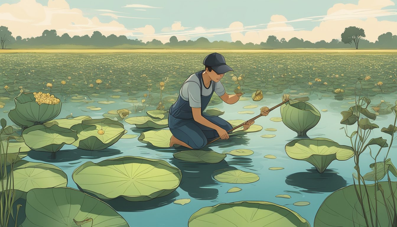 A person collecting wild lotus pods in a serene wetland