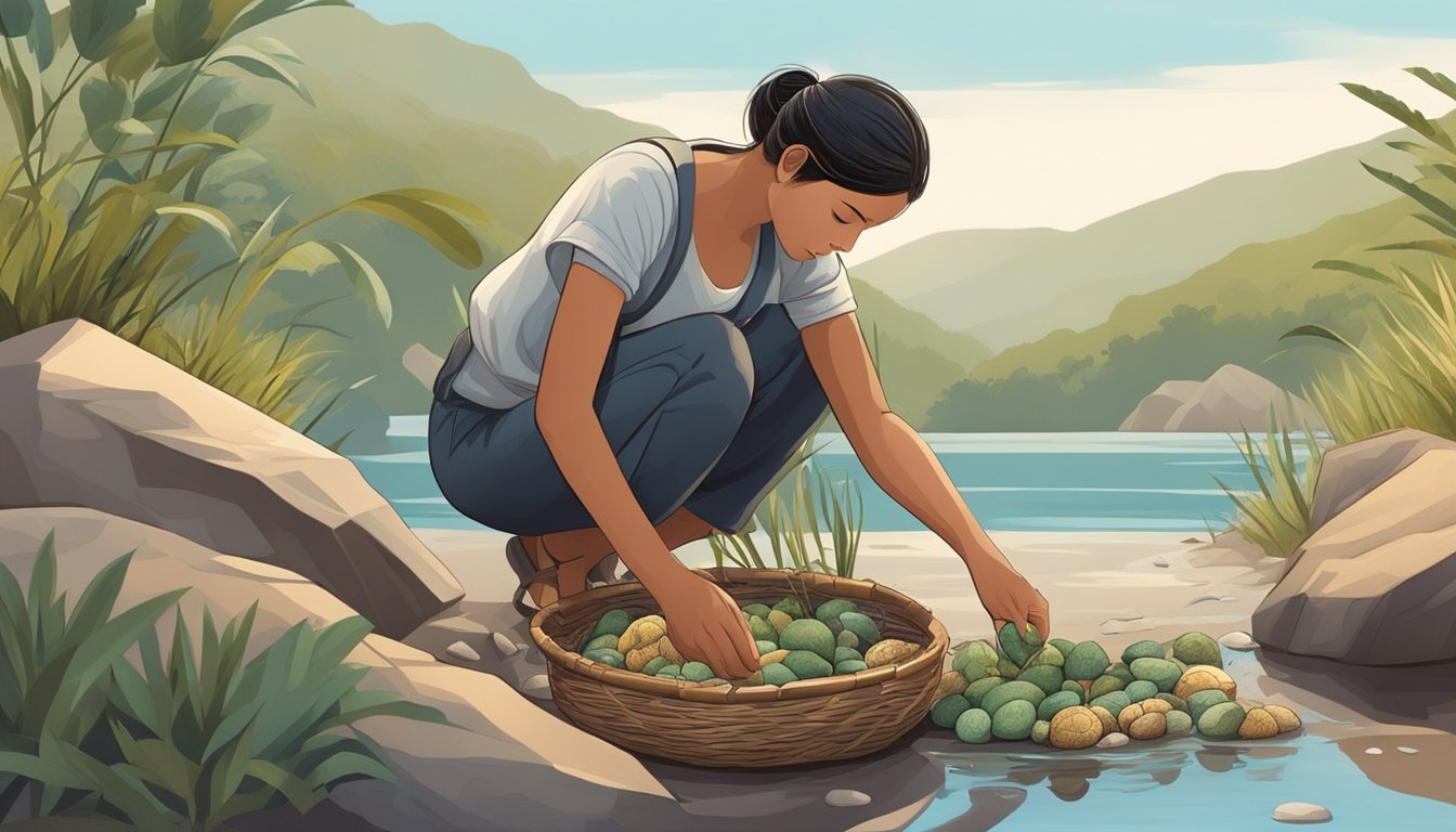 A figure crouches by the water's edge, carefully plucking various types of wild limu from the rocks and placing them into a woven basket