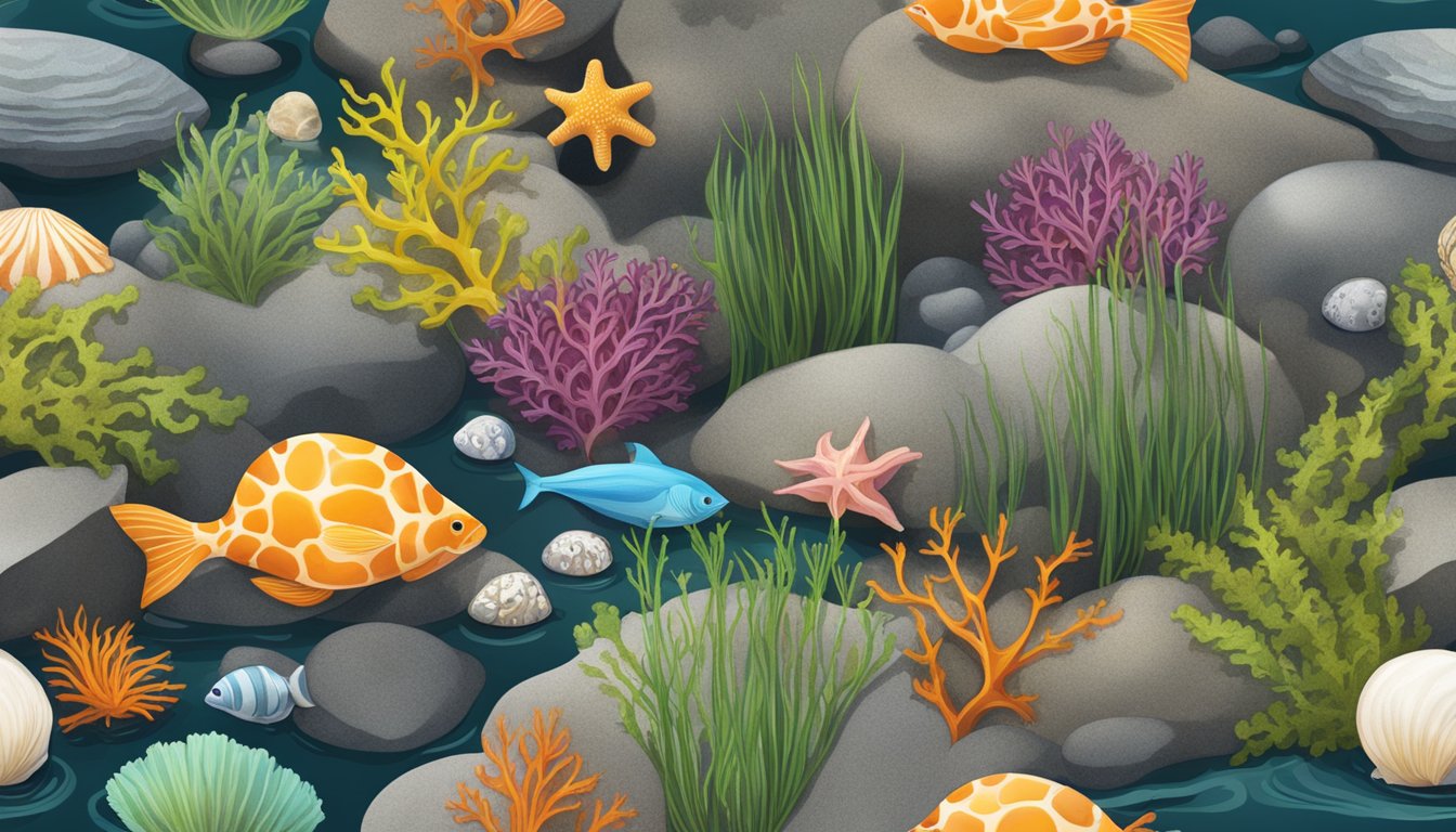 A variety of wild edible limu species spread across a rocky shoreline, with colorful seaweed and algae intermingled with shells and small sea creatures