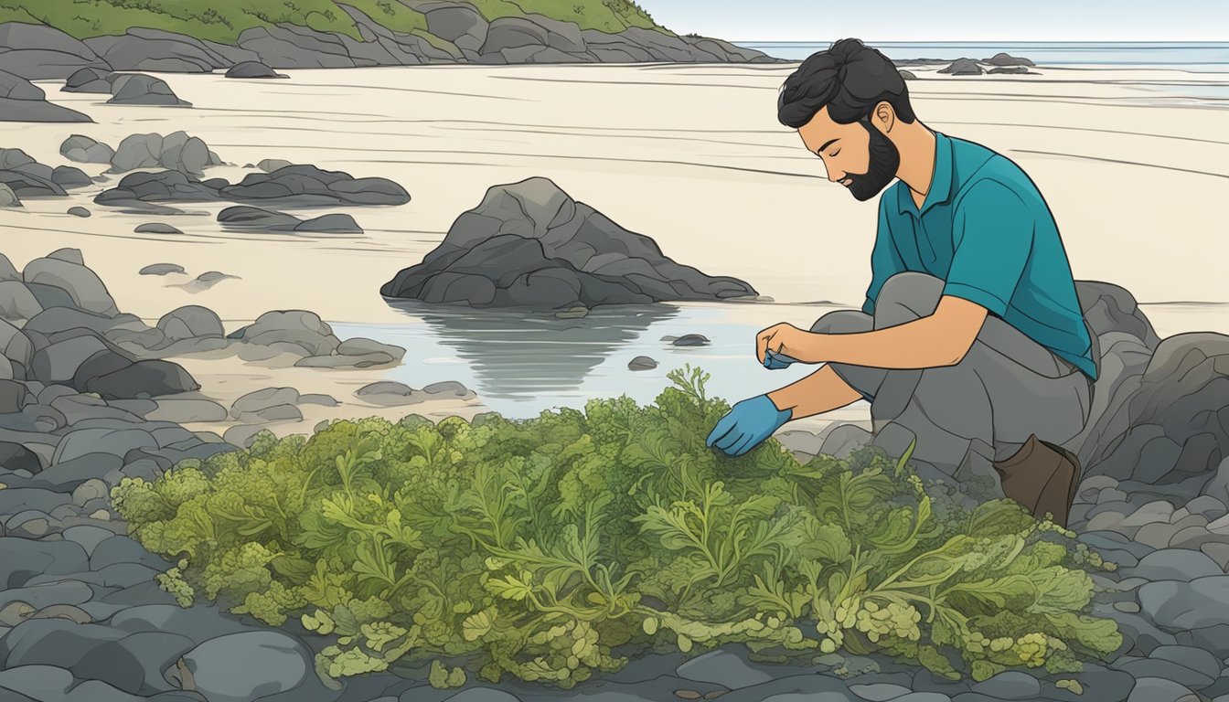 A rocky shoreline with diverse seaweed species, including limu, being carefully foraged and harvested by a knowledgeable individual