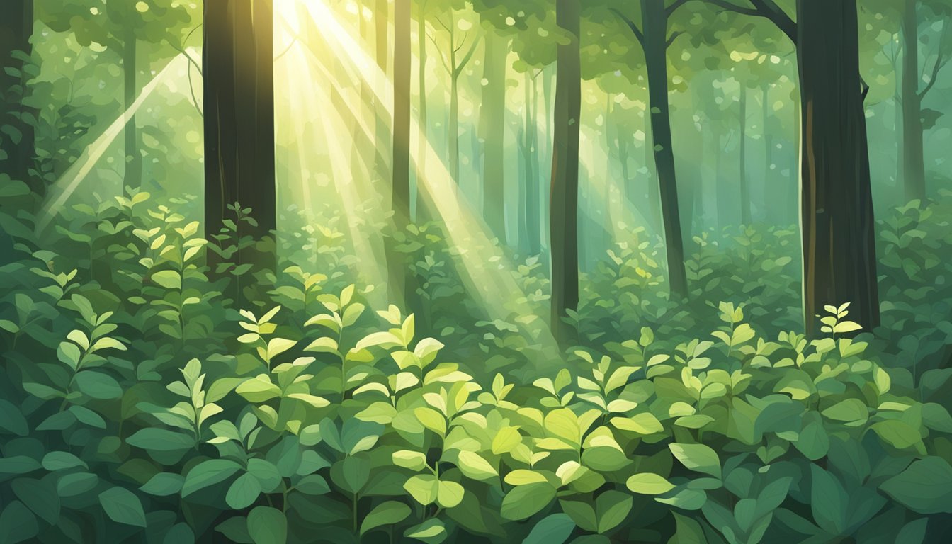 Sunlight filters through dense forest, illuminating a patch of wild mint. A pair of hands carefully plucks the fragrant leaves, surrounded by vibrant greenery