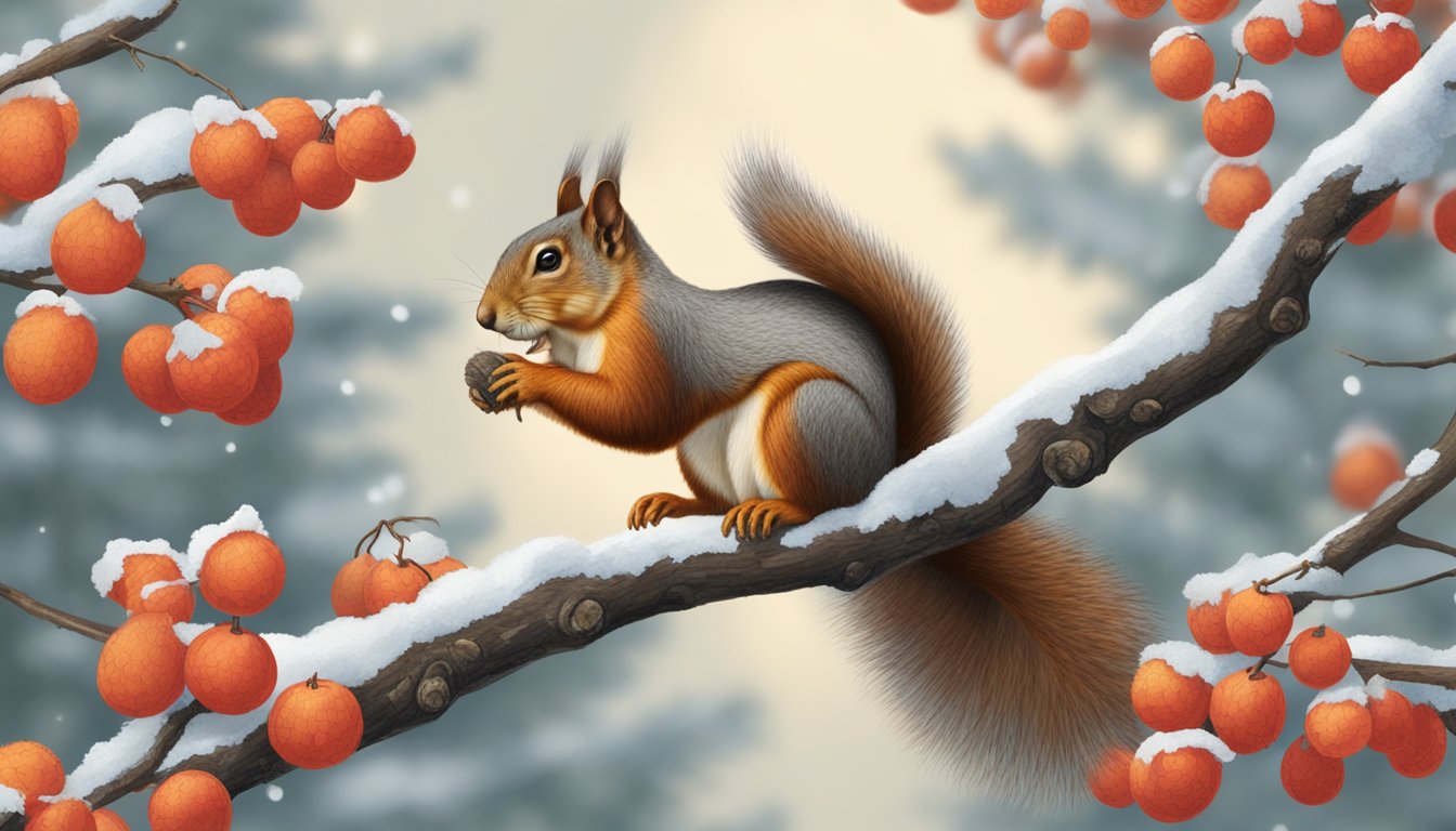 A squirrel perched on a red alder branch, gathering and storing nuts while interacting with other flora