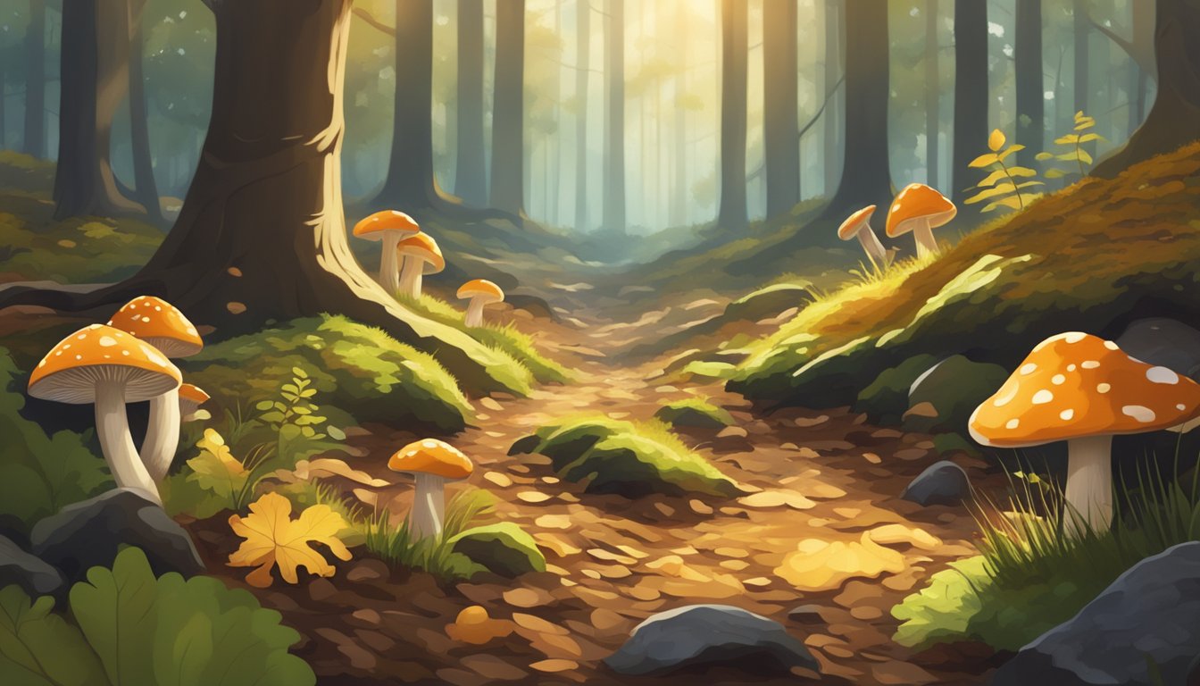 A forest floor with various types of wild mushrooms growing among fallen leaves and moss. Sunlight filters through the trees, casting dappled shadows