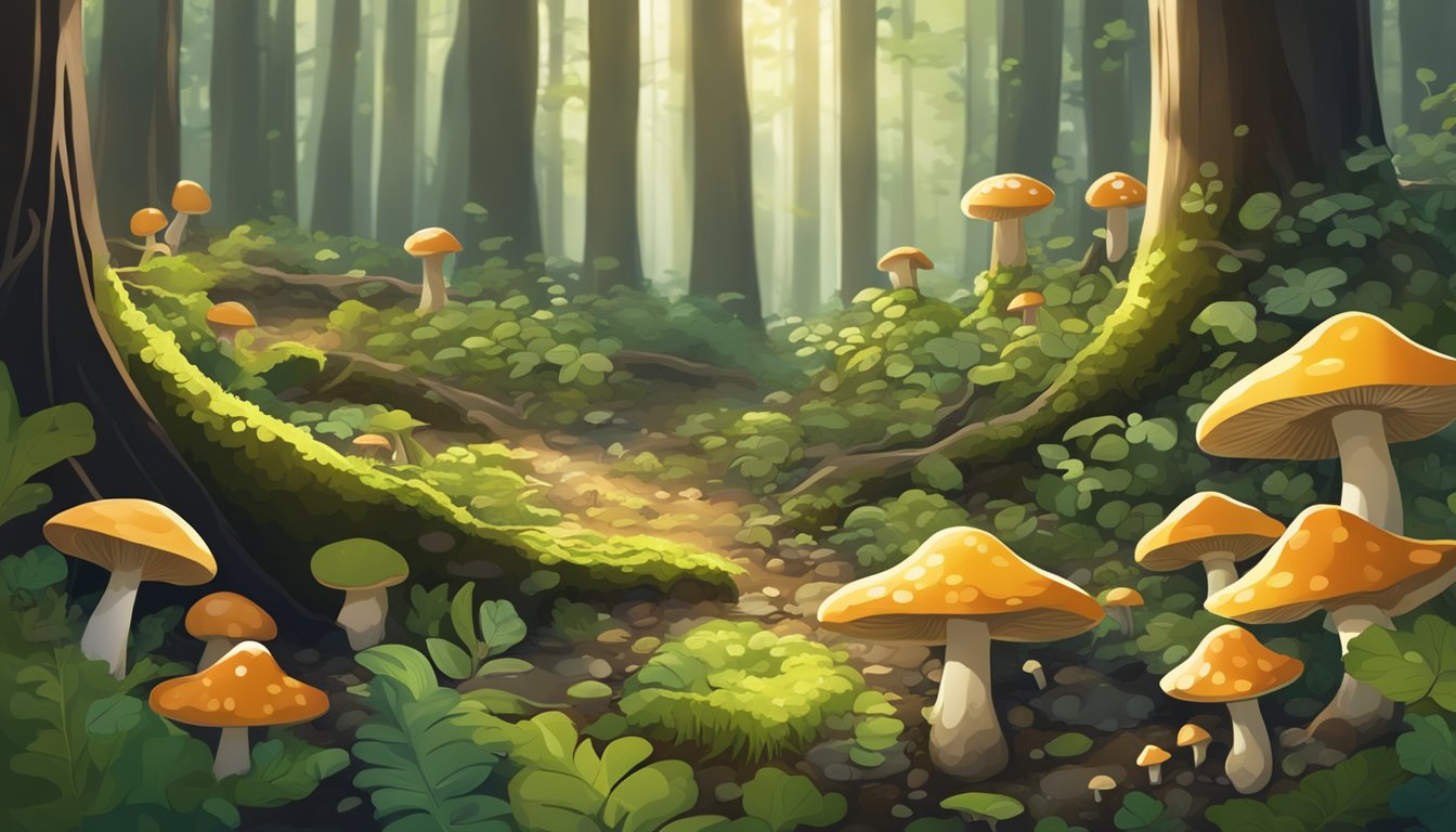 A dense forest floor with dappled sunlight filtering through the trees. Mushrooms of various shapes and sizes sprout from the damp earth, surrounded by fallen leaves and moss