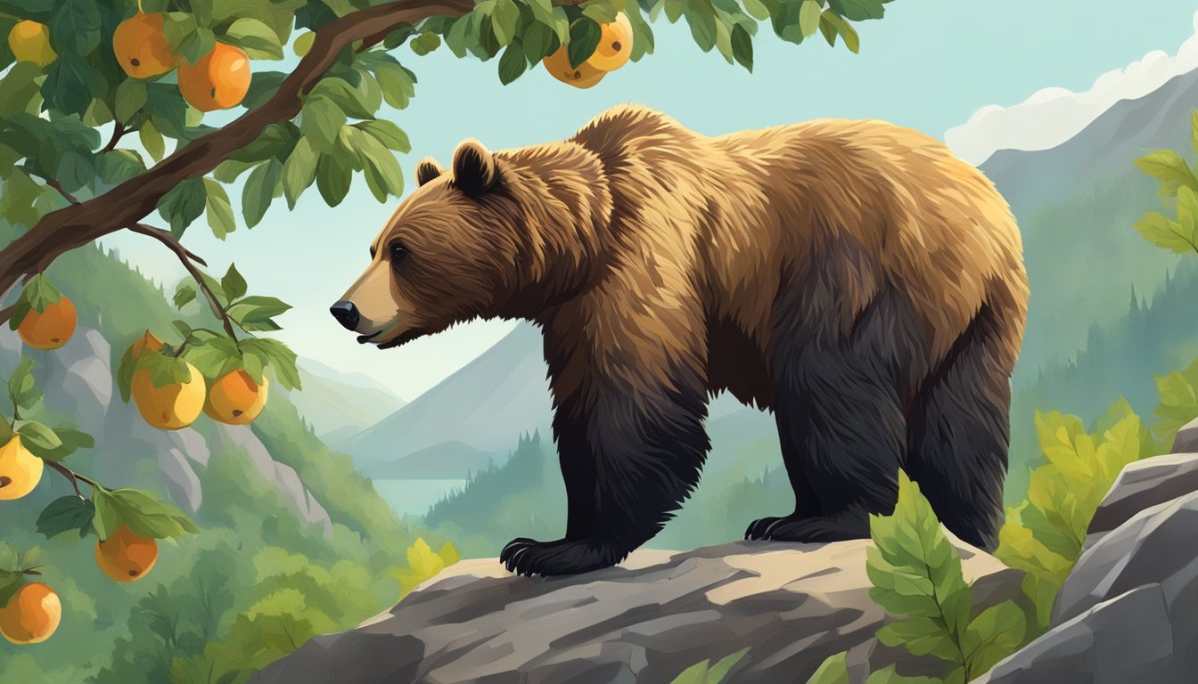 A bear sniffs and reaches up to pluck ripe mountain apples from a tree, surrounded by lush green foliage and a rocky terrain