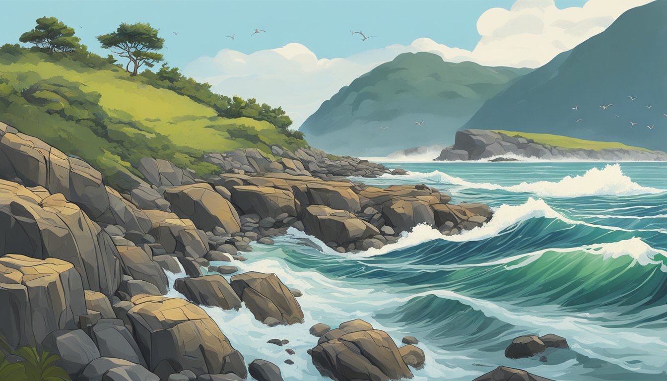 A rocky shoreline with waves crashing, where wild ogo seaweed grows abundantly among the rocks and is being harvested by a forager