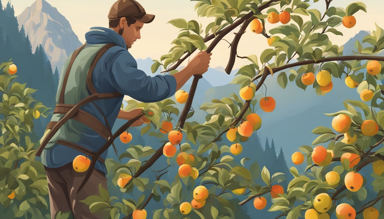 A figure uses a long stick with a hook to pluck ripe wild mountain apples from the branches of a tree