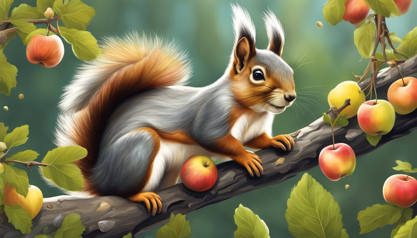 A squirrel perched on a branch, gathering wild mountain apples in its paws. Fallen apples litter the forest floor