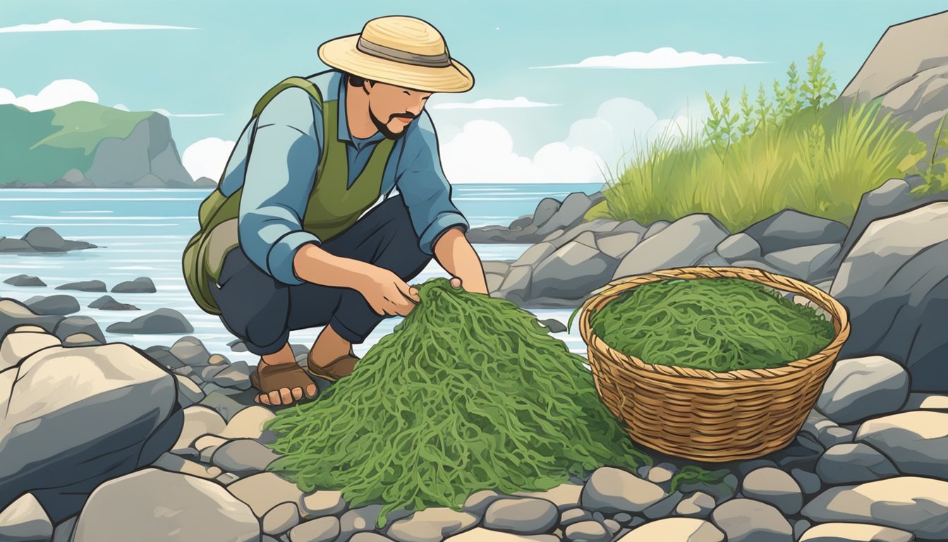 Wild ogo being carefully harvested from the rocky shore by hand. The forager delicately plucks the seaweed from the rocks, gathering it into a basket