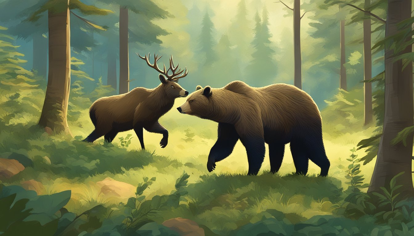 A bear and a deer foraging for wild mountain apples in a lush forest clearing