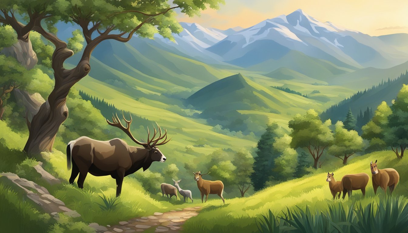 A lush mountain landscape with wild apple trees, animals foraging, and a sense of natural abundance