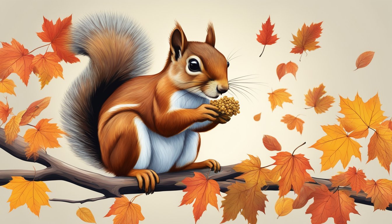 A squirrel perched on a red maple branch, nibbling on seeds while autumn leaves fall around it