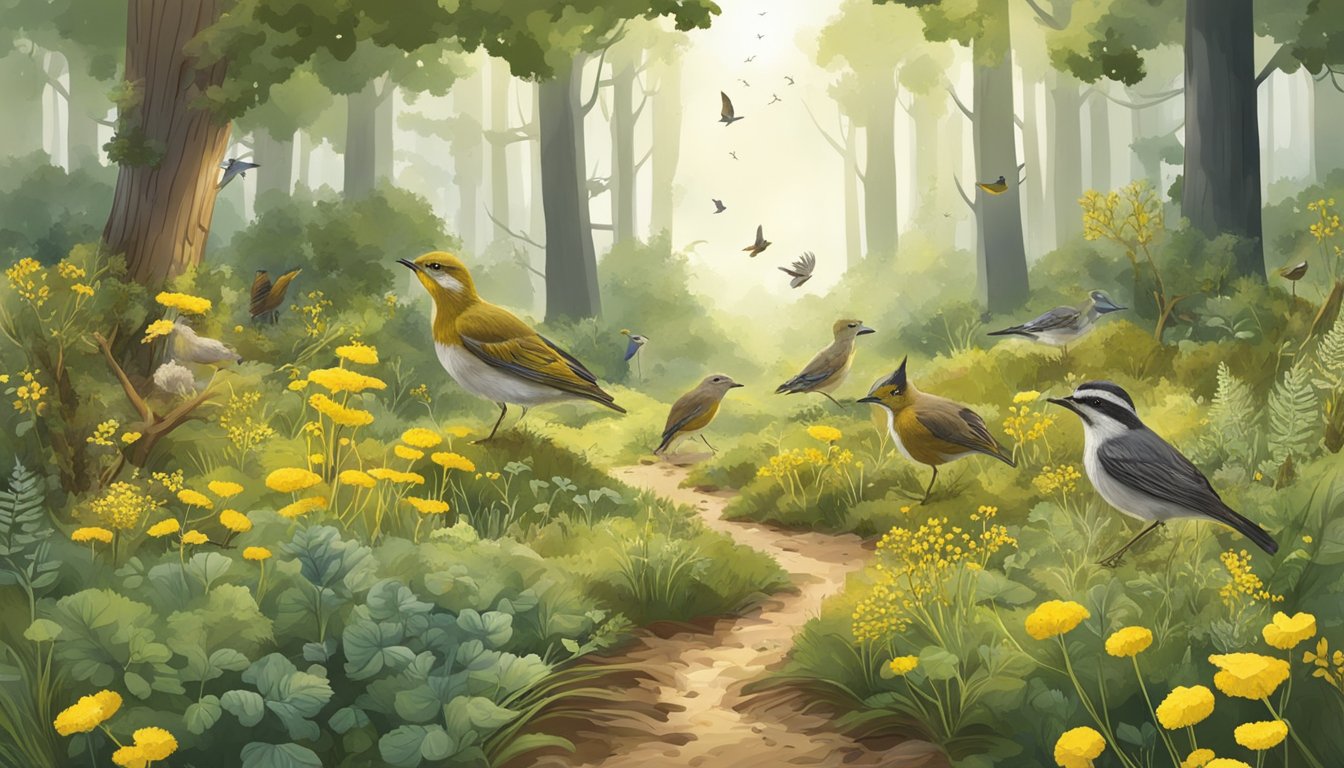 A woodland scene with various wild mustards sprouting from the forest floor, with birds and small animals foraging and harvesting the plants