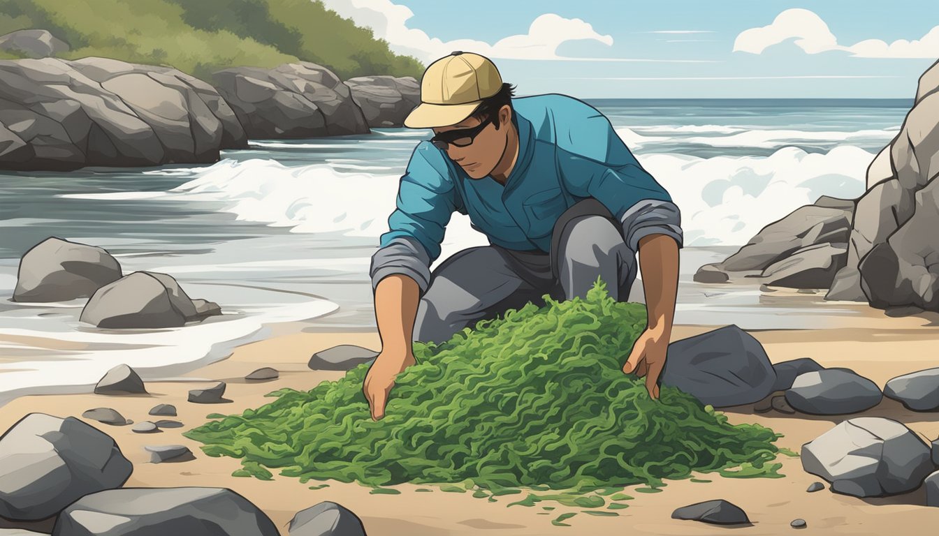 A figure gathers wild ogo from the rocky shore, carefully preserving and storing the seaweed for later use