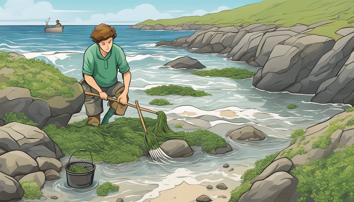 A person collecting wild ogo from a rocky shore with a bucket and a rake, surrounded by abundant seaweed