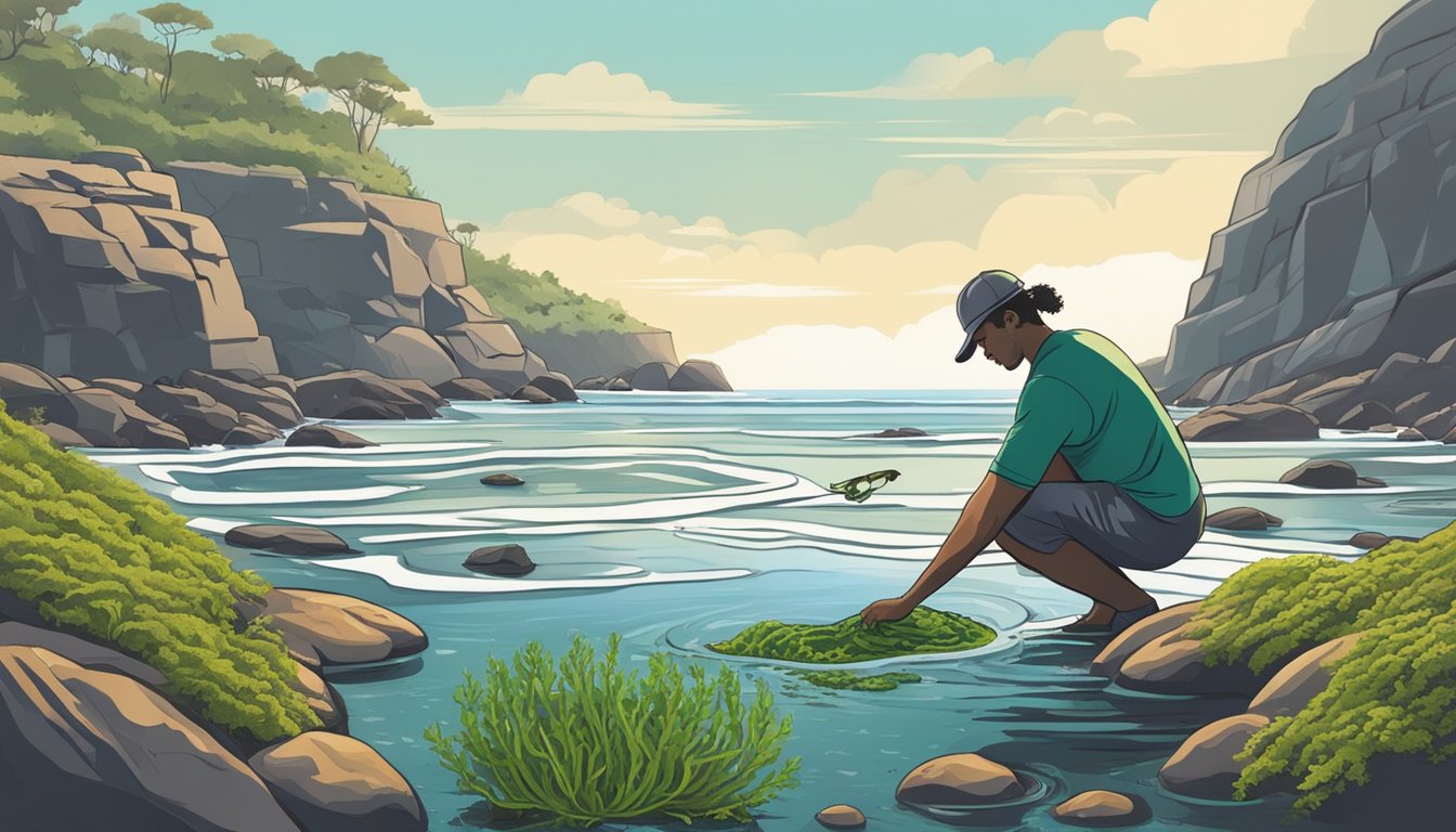 A person gathering wild ogo from rocky tide pools, carefully cutting and collecting the seaweed while avoiding damaging the surrounding marine ecosystem