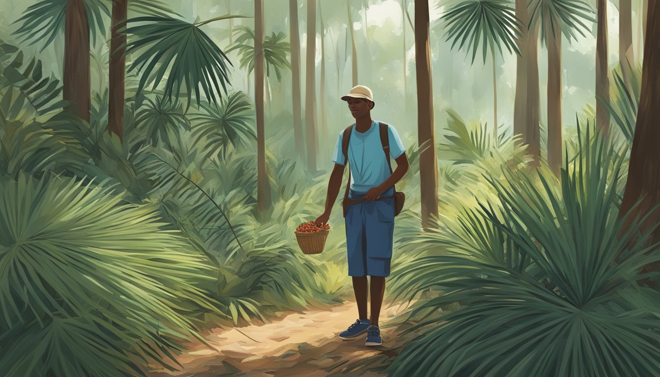 A person carefully collects ripe palmetto berries from the lush underbrush of a forest, mindful of the legal and ethical considerations surrounding their foraging and harvesting