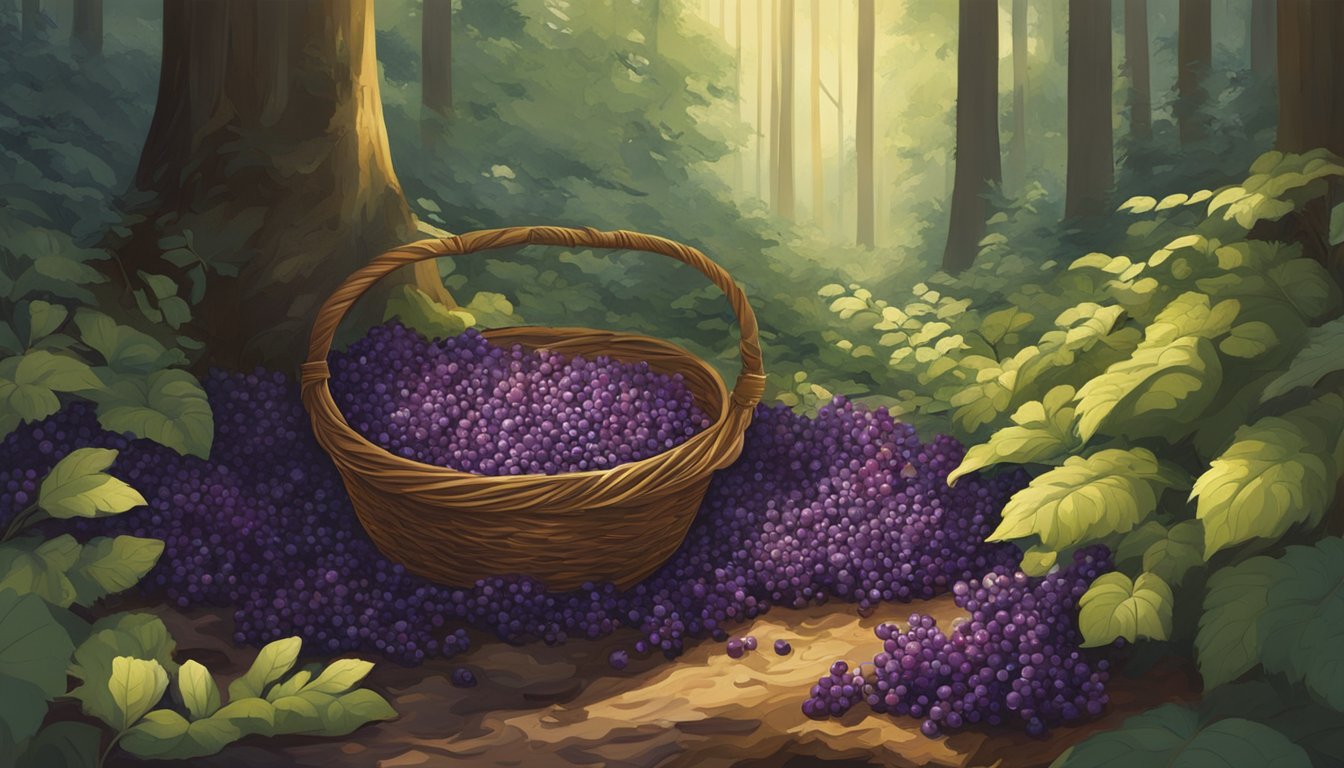 A forest floor with dappled sunlight, scattered salal bushes, and a figure gathering the ripe purple berries into a woven basket