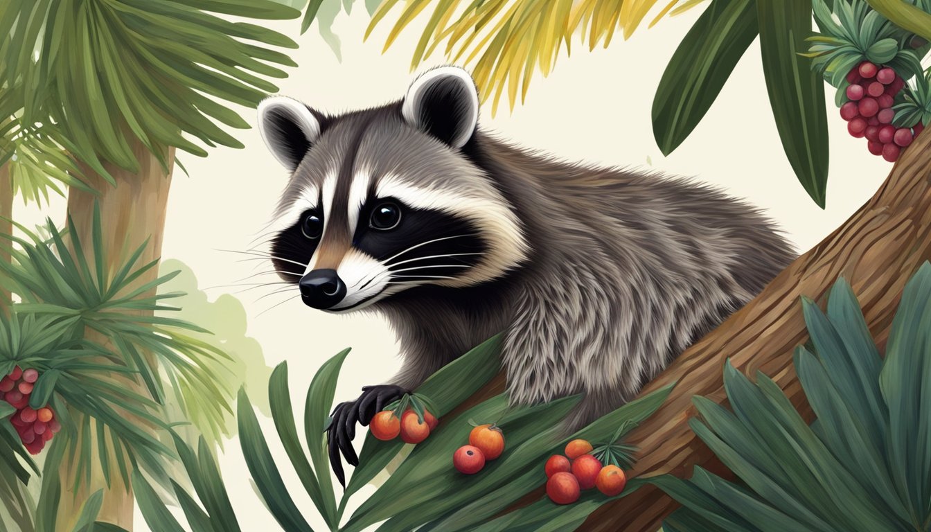 A raccoon perched on a palmetto tree, carefully plucking ripe berries and storing them in its cheek pouches. The surrounding forest is lush and vibrant