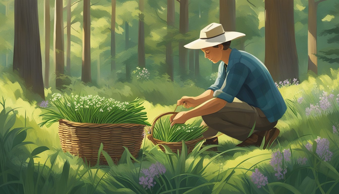 Wild onions being carefully harvested in a sun-dappled forest clearing. Baskets brimming with freshly picked greens, surrounded by vibrant flora and fauna