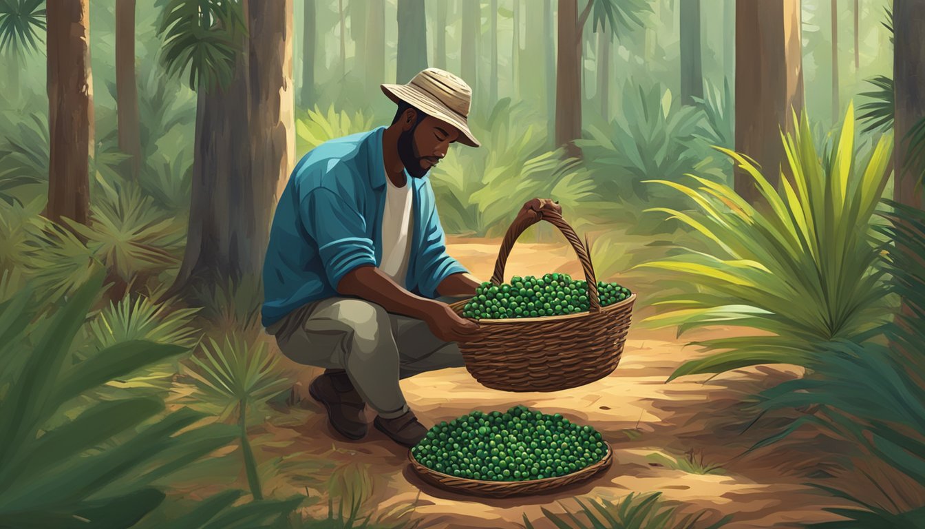 A person collects palmetto berries using a basket and knife in a forest clearing