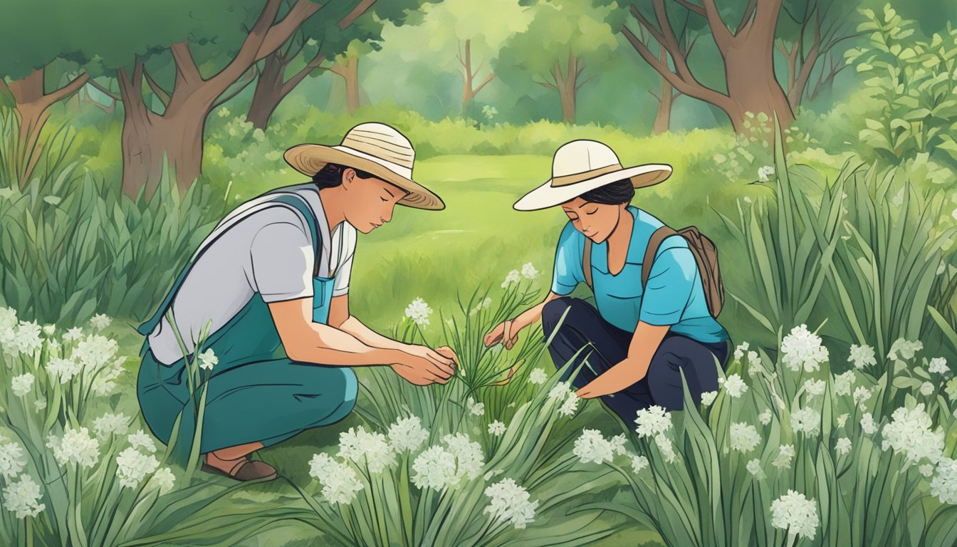 A person carefully gathering wild onions in a natural setting, surrounded by trees and plants, while being mindful of legal regulations