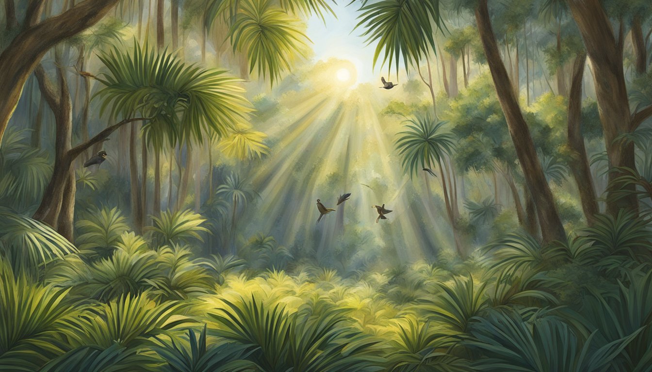 Sunlight filters through dense forest canopy onto a lush bed of wild palmetto berries. Birds flit among the branches, while small animals scurry around, foraging and harvesting the ripe fruit