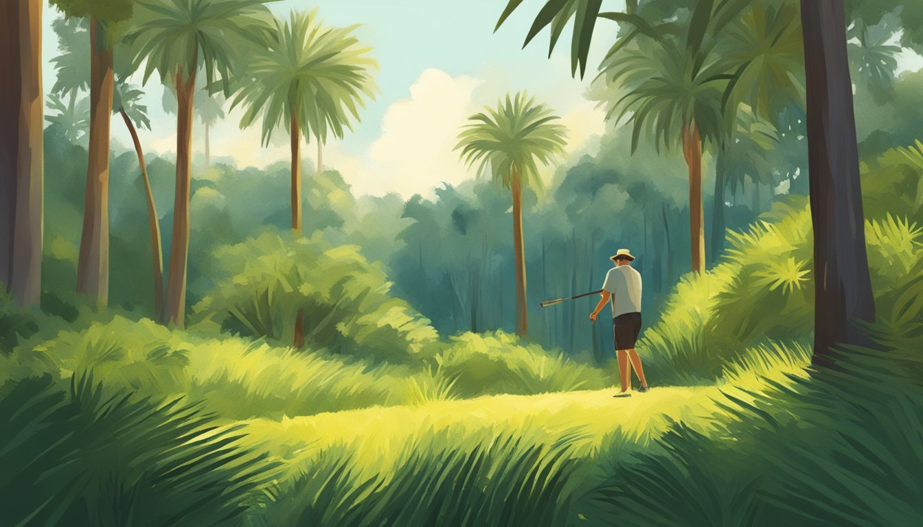 A figure collecting ripe palmetto berries in a forest clearing, surrounded by lush greenery and dappled sunlight