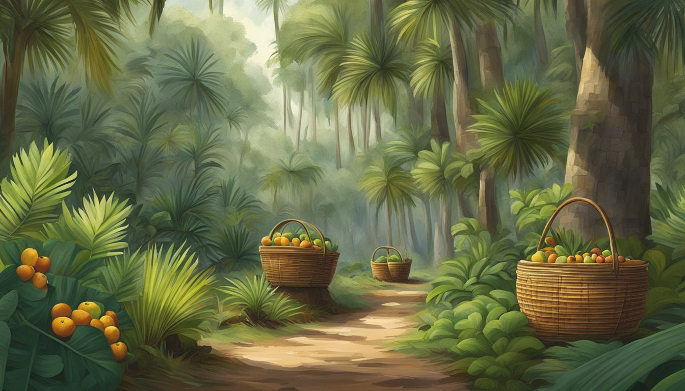 A lush forest with palmetto trees, ripe berries, and foragers collecting the fruit in woven baskets