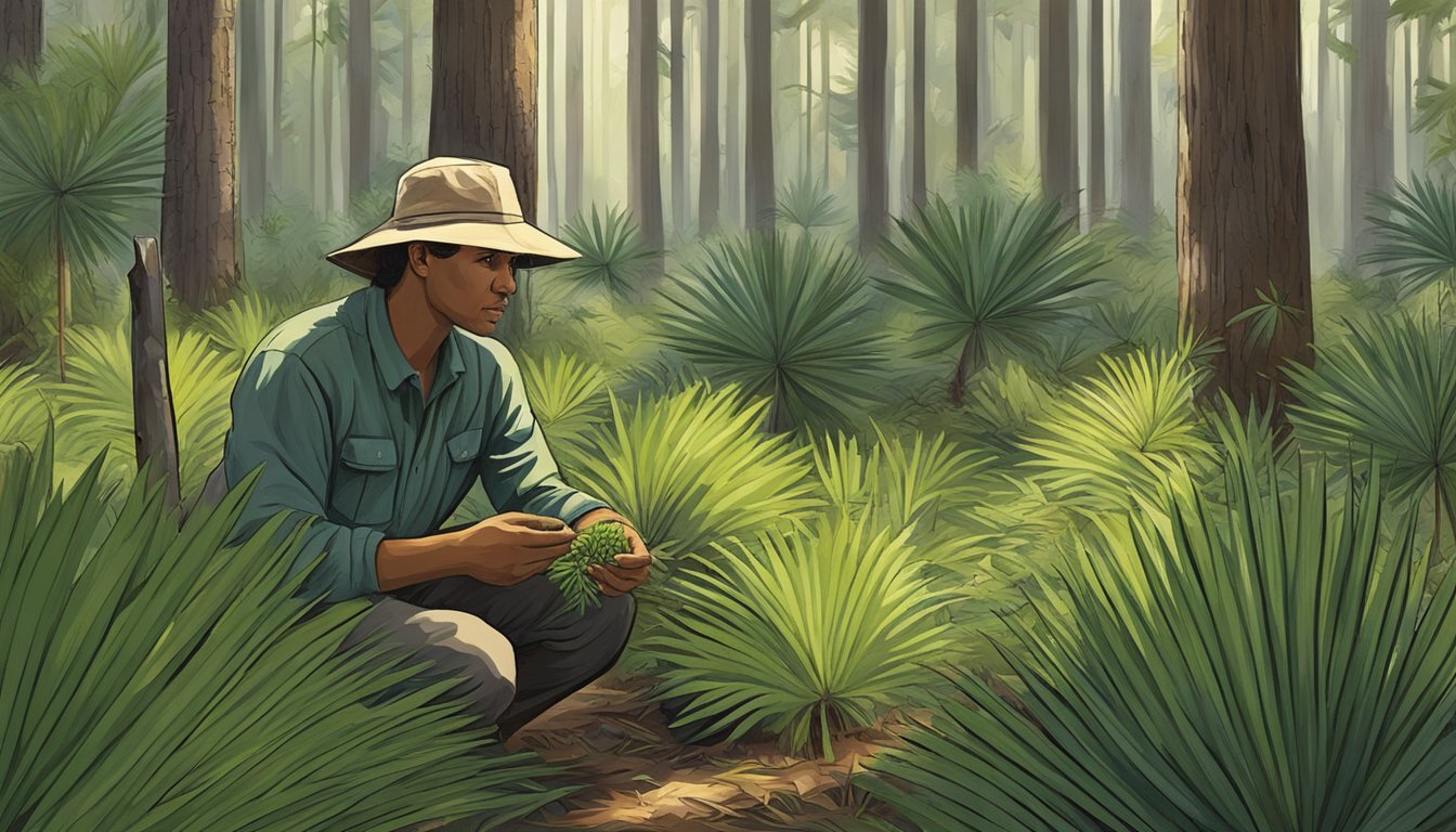 A figure collecting saw palmetto berries in a dense forest clearing