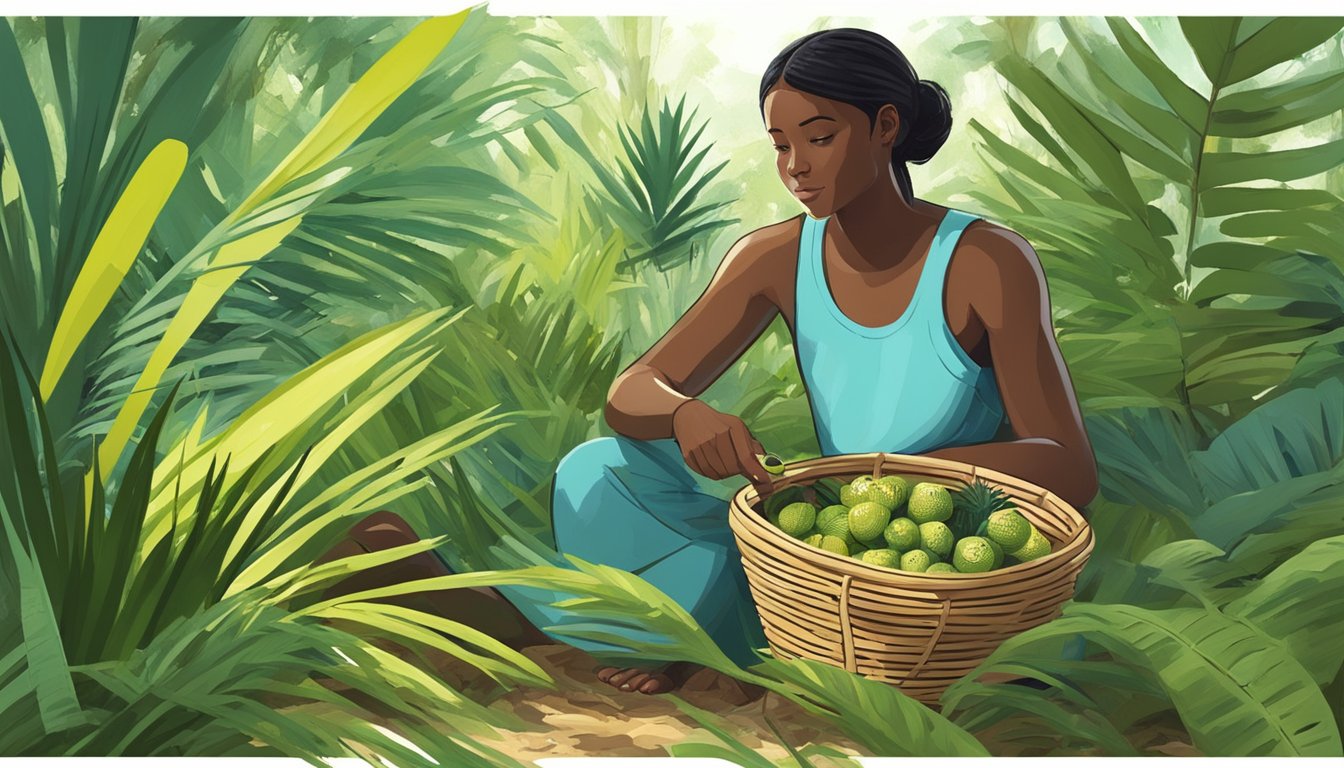 A figure gathering ripe saw palmetto berries from the lush undergrowth of a forest, carefully selecting the best ones and placing them in a woven basket