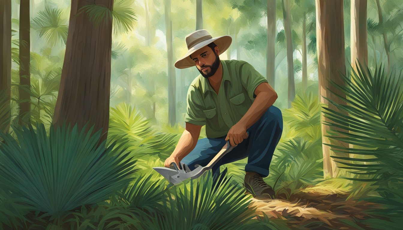 A figure gathers saw palmetto berries in a lush, sun-dappled forest clearing