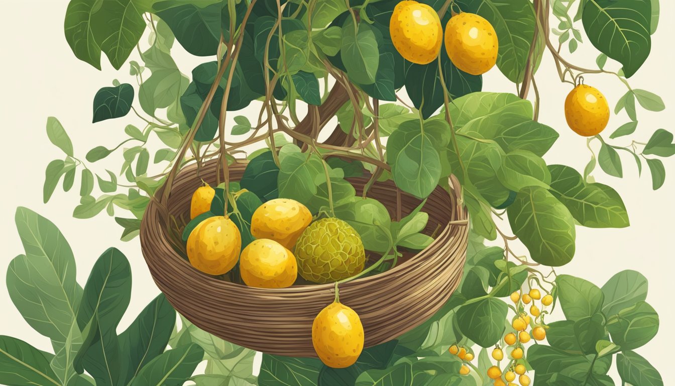 A lush forest floor with tangled vines and vibrant passionfruit hanging from the branches. A beginner forager collects the ripe fruit in a woven basket