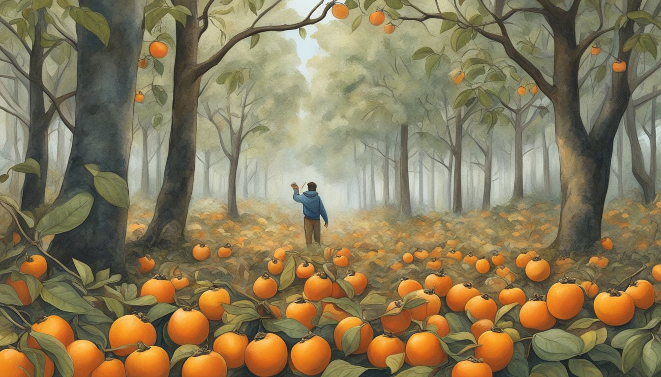 A person identifying persimmon trees in a forest, foraging and harvesting wild persimmons