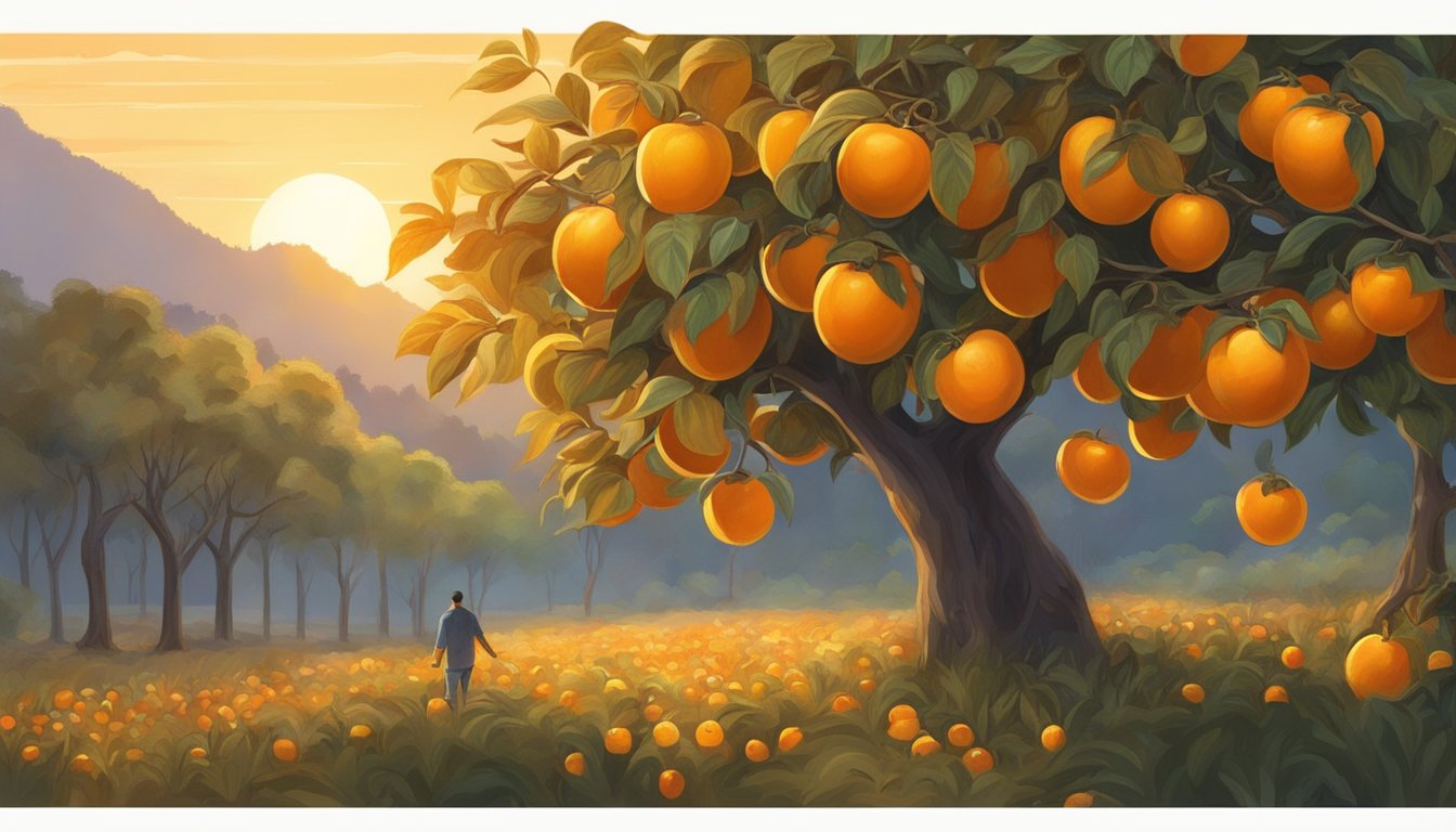 A golden sun sets behind a forest of persimmon trees, their branches heavy with ripe fruit. A figure gathers the sweet orange orbs in a wicker basket