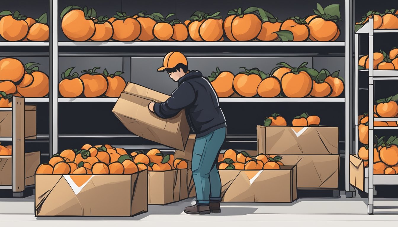 A person carefully wrapping ripe persimmons in paper and placing them in a cool, dark storage area