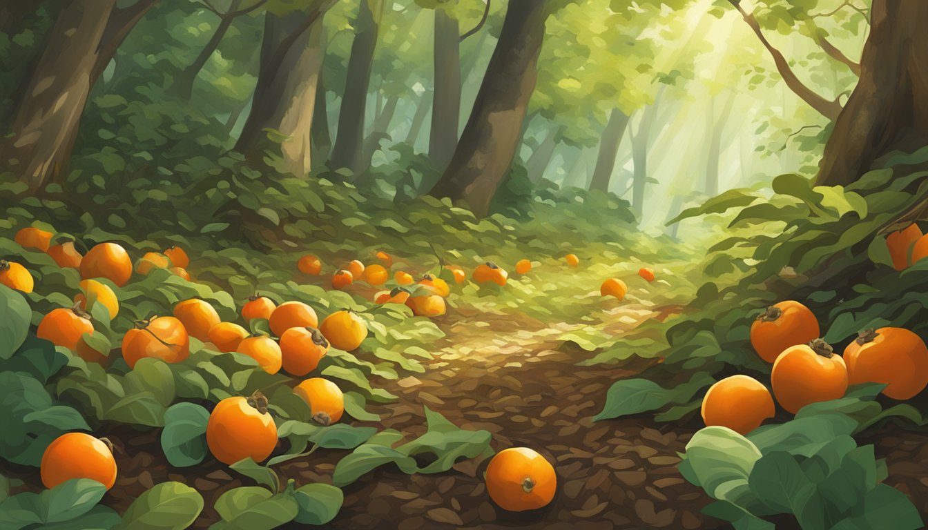 A forest floor with scattered ripe persimmons, surrounded by lush green foliage and dappled sunlight