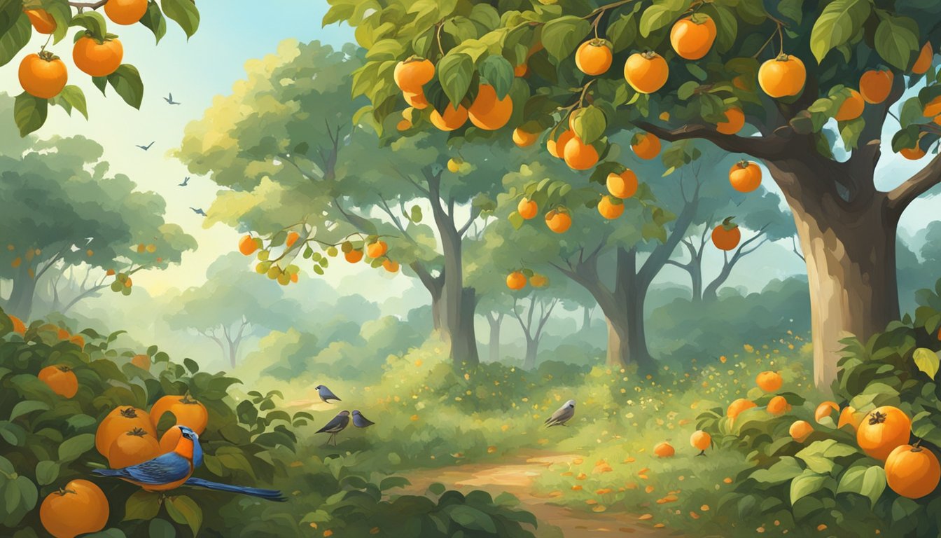 A lush forest with wild persimmon trees, birds and small animals foraging among fallen fruit. A gentle breeze carries the sweet scent of ripe persimmons