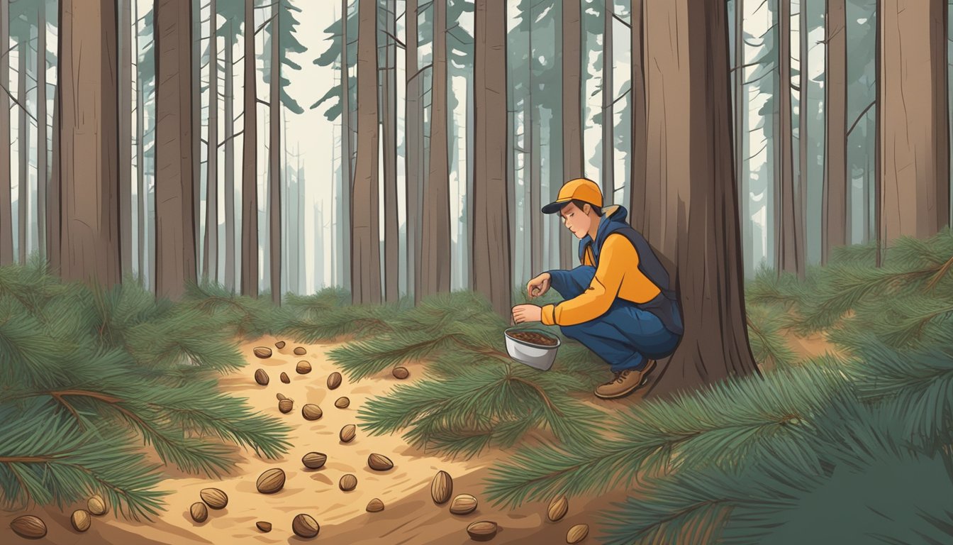 A person carefully collects wild pine nuts from the forest floor, surrounded by tall pine trees and fallen needles