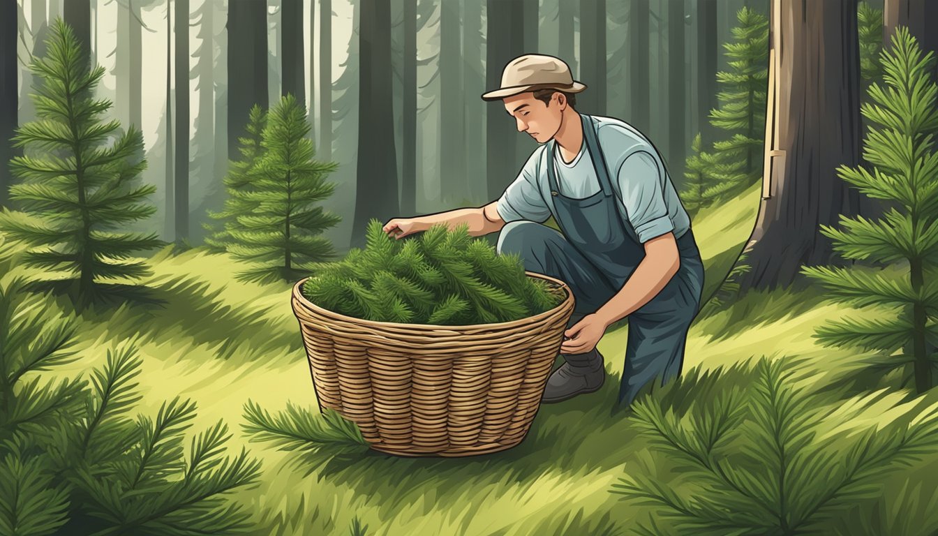 A figure collects spruce tips in a forest, carefully storing them in a basket for preservation