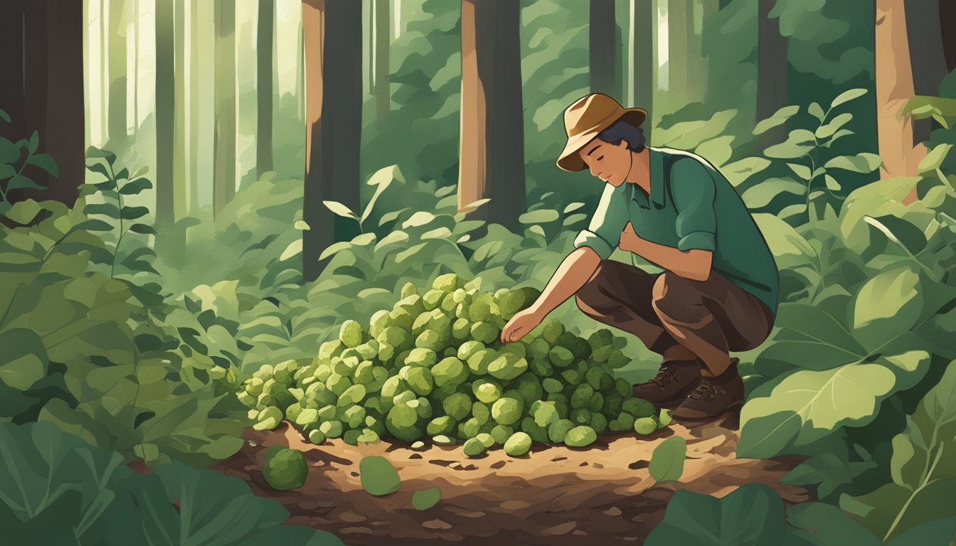 A person gathering wild potatoes from the forest floor, surrounded by green foliage and earthy tones