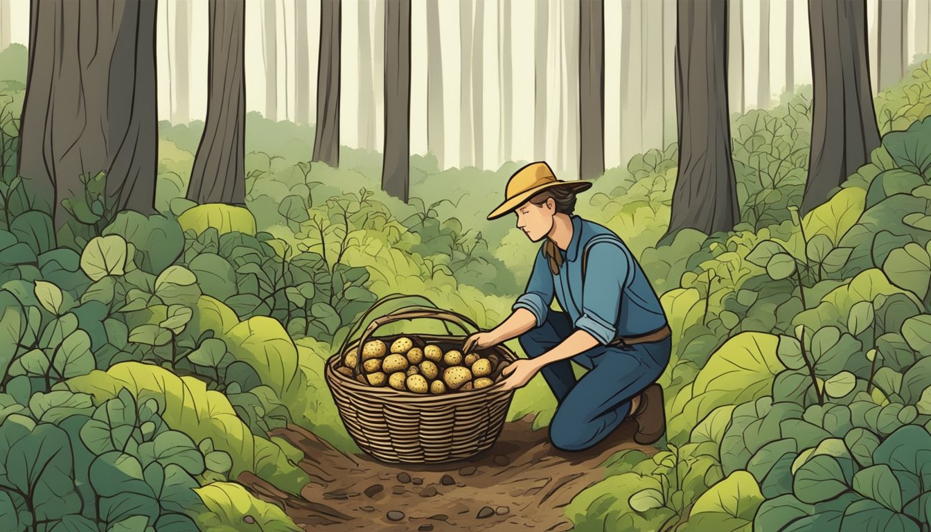 A person foraging wild potatoes in a forest clearing, surrounded by trees and plants. They carefully dig up the potatoes from the ground and place them in a basket