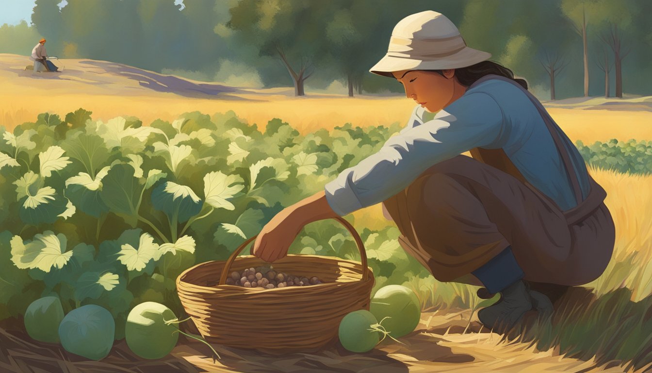 A figure kneeling in a sun-drenched prairie, carefully digging up wild turnips and placing them in a woven basket. Nearby, a small fire burns for roasting and processing the harvest